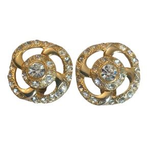 Graft Vintage 80’s Large Gold Tone Sparkly Rhinestone Clip On Earrings